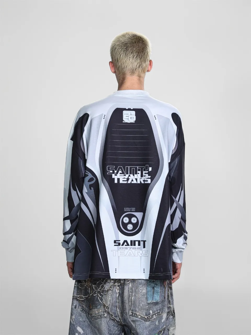 Saint michael tears all-over printed long-sleeved vintage autumn and winter T-shirt Style number: 113 Size: M L XL Wholesale price: 136 Color: white gray blue